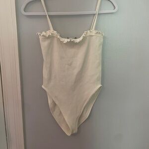 ZARA Limited Contour Collection Ruffle Spaghetti Strap Rib Bodysuit XS Cream